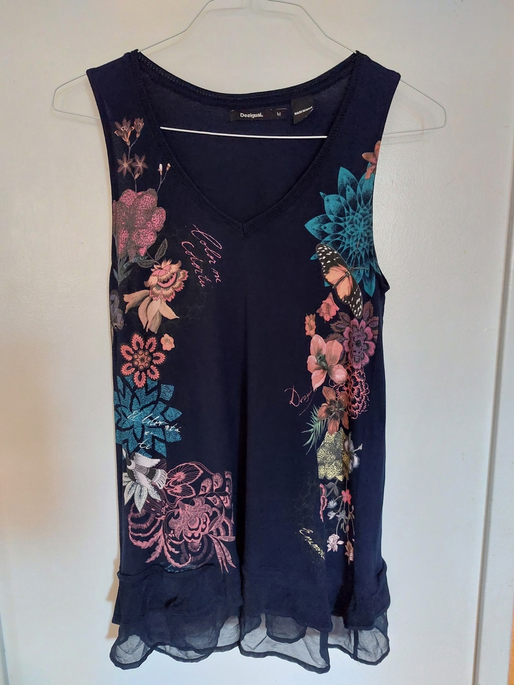 Desigual Navy Floral Butterfly V-Neck Sleeveless Tank